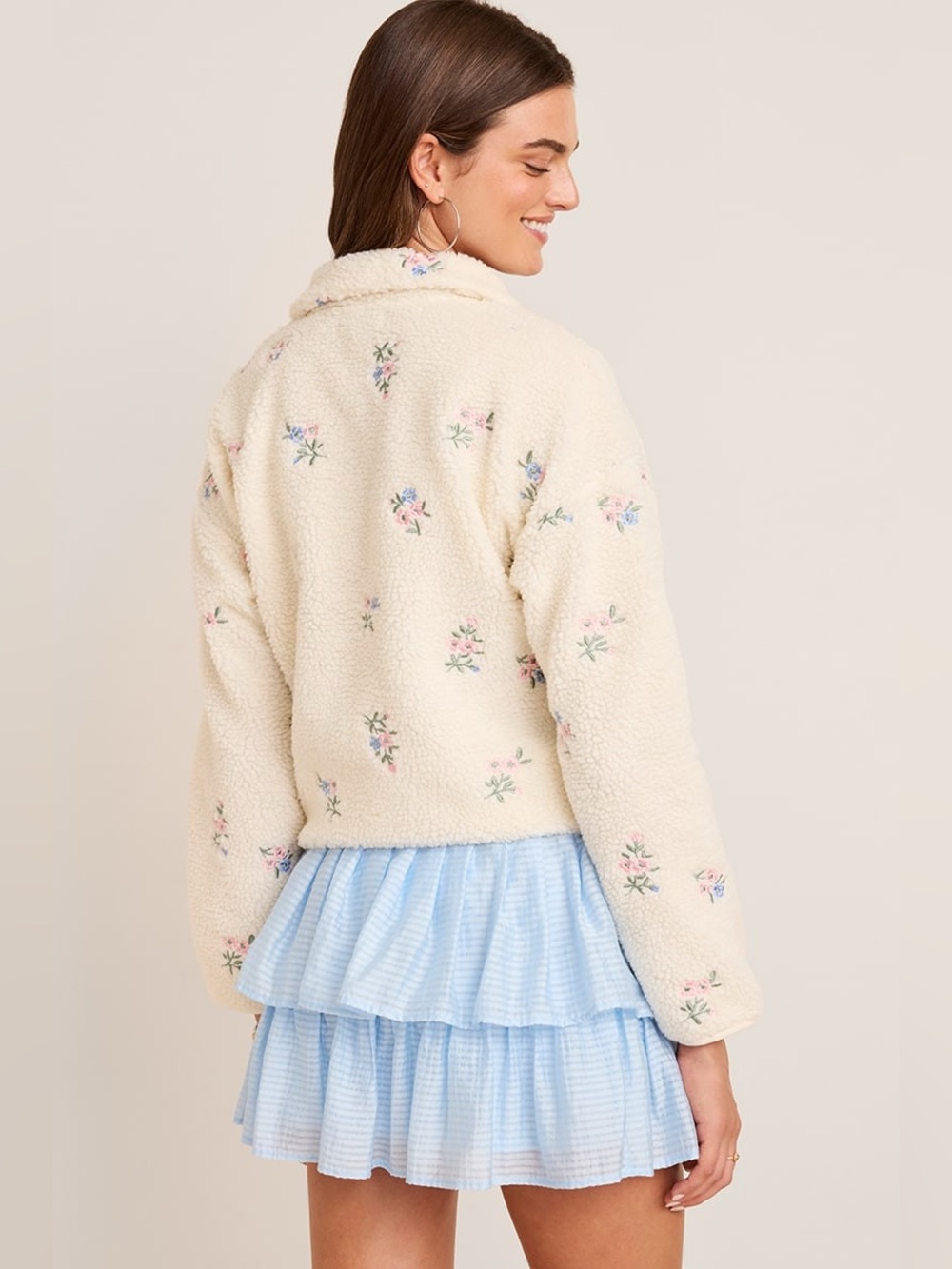 Francesca's Selena Floral Embroidered Sherpa Quarter Zip Pullover Cream Pink - Picture 2 of 6